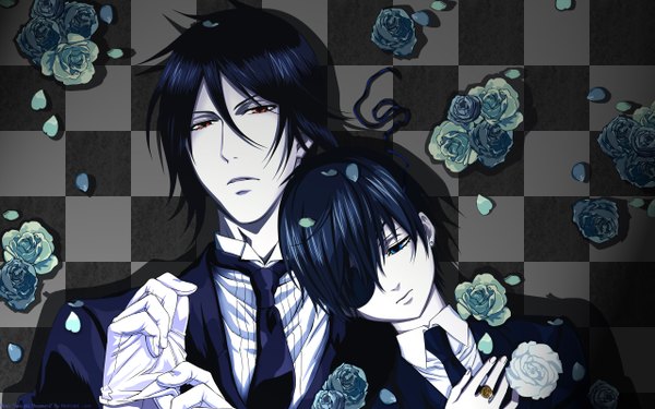 Anime picture 2560x1600 with kuroshitsuji a-1 pictures sebastian michaelis ciel phantomhive looking at viewer highres short hair blue eyes black hair red eyes wide image multiple boys butler adjusting gloves boy gloves flower (flowers) earrings necktie 2 boys