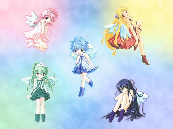 Anime picture 1280x960 with galaxy angel madhouse milfeulle sakuraba mint blancmanche ranpha franboise vanilla h karasuma chitose chibi wings rainbow