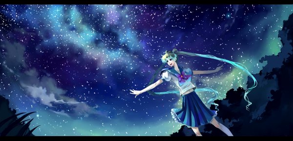 Anime picture 1320x636 with bishoujo senshi sailor moon toei animation tsukino usagi nako (nonrain) long hair blue eyes blonde hair wide image twintails night sky spread arms scenic girl skirt star (stars)
