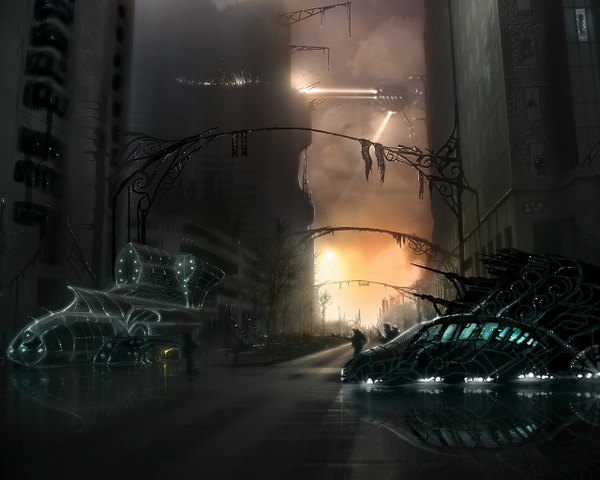 Anime picture 1280x1024 with original alexiuss city ruins battle science fiction weapon ground vehicle car aircraft road people airship
