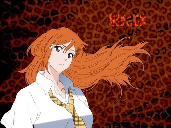 Anime picture 1280x960 with bleach studio pierrot inoue orihime single long hair black hair simple background orange hair girl hair ornament necktie