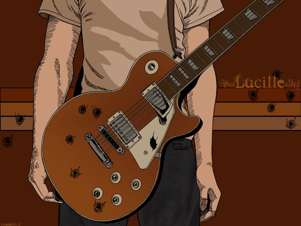 Anime picture 1600x1200 with beck madhouse single simple background standing inscription brown background no face boy t-shirt guitar hands
