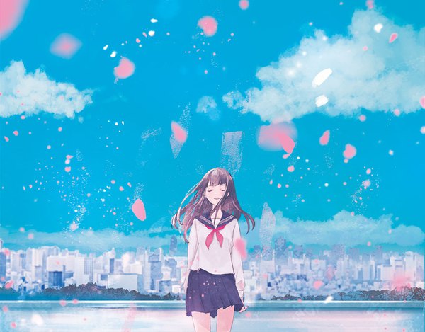 Anime picture 886x694 with original suono single long hair fringe open mouth brown hair sky cloud (clouds) eyes closed wind city cityscape girl uniform petals serafuku