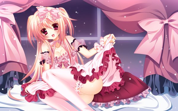 Anime picture 1249x777 with original himemiya niina nina0819 single long hair looking at viewer blush open mouth light erotic blonde hair red eyes wide image girl thighhighs bow hair bow white thighhighs frills