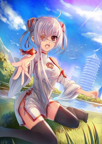 Anime picture 800x1120 with original musynexsk single long hair tall image open mouth red eyes sitting sky cloud (clouds) white hair hair bun (hair buns) chinese clothes river girl thighhighs black thighhighs detached sleeves chinese dress