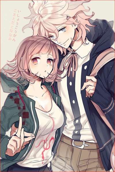 Anime picture 602x902 with dangan ronpa super dangan ronpa 2 nanami chiaki komaeda nagito inseki tarou tall image looking at viewer blush fringe short hair simple background purple eyes looking away pink hair pink eyes grey background hug messy hair komaeda nagito (cosplay) nanami chiaki (cosplay)