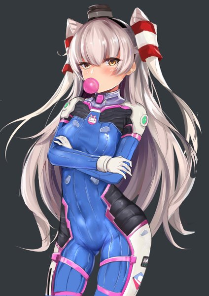Anime picture 3507x4960 with kantai collection overwatch blizzard entertainment amatsukaze destroyer slm single long hair tall image looking at viewer blush highres breasts simple background standing yellow eyes absurdres grey background midriff two side up alternate costume