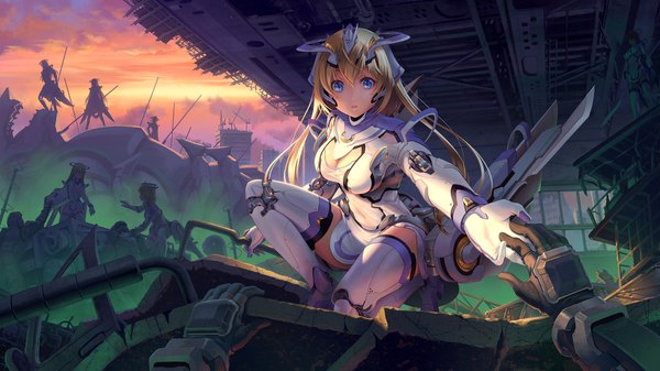 Anime picture 1920x1080 with original pinakes long hair looking at viewer fringe highres breasts blue eyes light erotic blonde hair hair between eyes wide image cleavage cloud (clouds) bent knee (knees) outdoors parted lips sunlight shadow zettai ryouiki