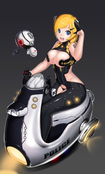 Anime picture 909x1500 with original naco single long hair tall image looking at viewer breasts open mouth blue eyes light erotic blonde hair large breasts cleavage braid (braids) grey background girl gloves black gloves bodysuit scooter