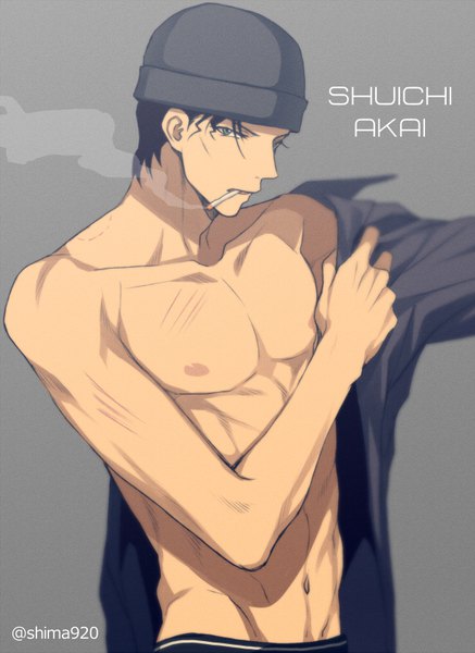 Anime picture 600x822 with detective conan akai shuuichi mashima shima single tall image looking at viewer short hair light erotic black hair simple background green eyes signed profile grey background character names groin smoke smoking dressing bite mark