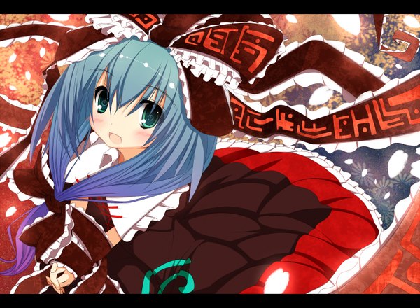 Anime picture 1500x1100 with touhou kagiyama hina sukage single long hair blush open mouth green eyes blue hair letterboxed girl dress bow hair bow petals frills