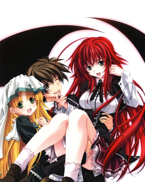 Anime picture 4401x5550 with highschool dxd rias gremory asia argento hyoudou issei miyama zero long hair tall image highres short hair open mouth black hair simple background blonde hair white background multiple girls brown eyes green eyes absurdres ahoge red hair