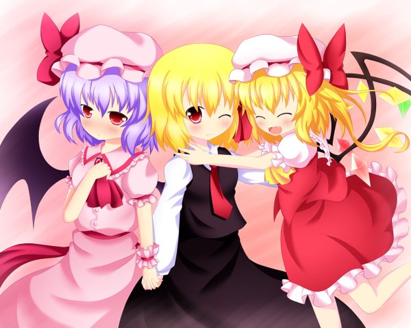 Anime picture 2500x2000 with touhou flandre scarlet remilia scarlet rumia dark495 highres short hair open mouth blonde hair smile red eyes multiple girls purple hair eyes closed one eye closed wink teeth loli fang (fangs) holding hands