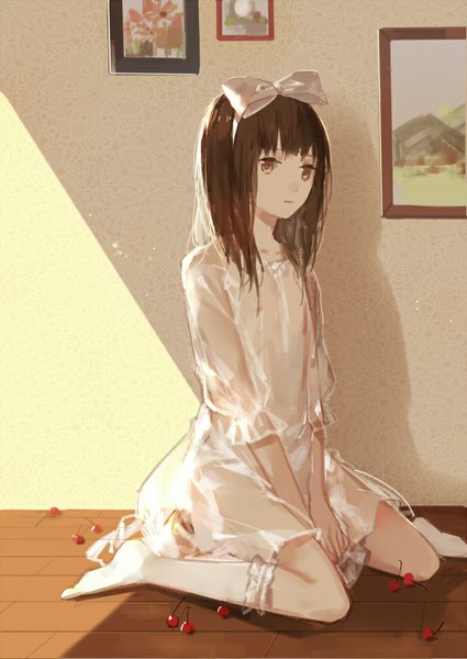 Anime picture 709x1000 with original cotta single long hair tall image looking at viewer blush open mouth sitting sunlight wariza between legs transparent girl dress hair ornament bow hair bow socks food