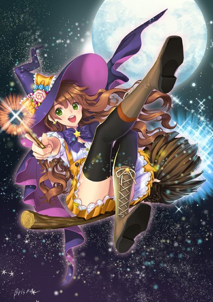 Anime picture 800x1132 with original briska single long hair tall image blush fringe open mouth light erotic brown hair green eyes looking away sparkle magic happy wavy hair witch leg up riding broom riding