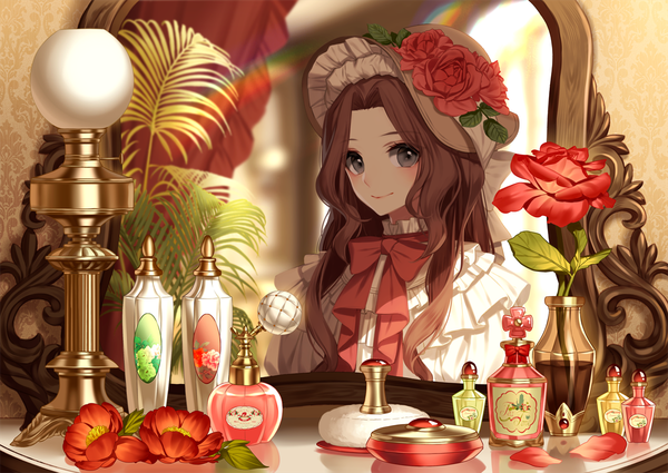 Anime picture 1200x850 with original liluo (jinha) single long hair looking at viewer blush brown hair black eyes girl dress flower (flowers) hat frills