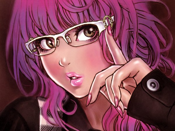 Anime picture 1600x1200 with original yamashita shunya single long hair looking at viewer blush open mouth brown eyes pink hair nail polish lipstick girl glasses