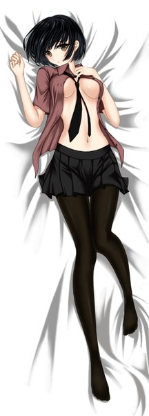 Anime picture 1236x3425 with original shimadu kazuhiro single tall image short hair breasts light erotic black hair brown eyes lying open clothes open shirt dakimakura (medium) girl skirt navel miniskirt pantyhose necktie black pantyhose