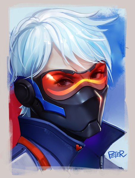 Anime picture 705x931 with overwatch blizzard entertainment soldier: 76 (overwatch) superschool48 single tall image looking at viewer short hair signed blue hair black eyes realistic portrait scar framed boy heart mask goggles