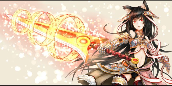 Anime picture 1000x500 with original azure luna single long hair open mouth black hair red eyes wide image animal ears girl navel weapon sword armor