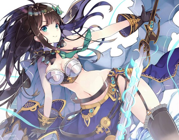 Anime picture 1445x1133 with idolmaster idolmaster cinderella girls granblue fantasy shibuya rin kyou hotaru single long hair looking at viewer breasts light erotic simple background smile brown hair white background bare shoulders green eyes signed wind alternate costume twitter username