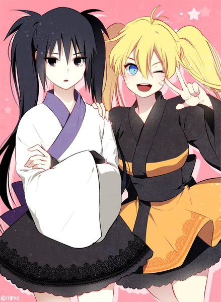 Anime picture 800x1092 with naruto studio pierrot naruto (series) uzumaki naruto uchiha sasuke naruko sasuko nipye long hair tall image fringe open mouth blue eyes black hair simple background blonde hair hair between eyes twintails multiple girls signed