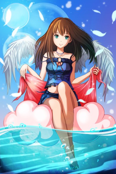 Anime picture 4000x6000 with idolmaster idolmaster cinderella girls shibuya rin lee ahn single long hair tall image looking at viewer highres blue eyes brown hair sitting absurdres cloud (clouds) girl wings water feather (feathers)