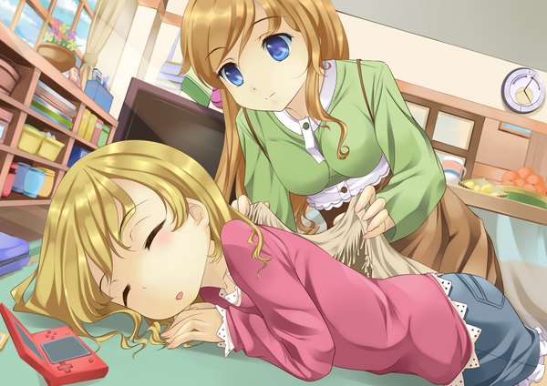 Anime picture 1500x1061 with original onaka sukisuki long hair blue eyes blonde hair brown hair multiple girls lying eyes closed sleeping girl 2 girls shelf room