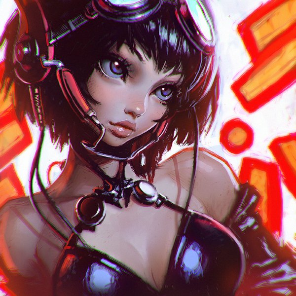 Anime picture 900x900 with original ilya kuvshinov single short hair black hair purple eyes bare shoulders looking away looking up girl lingerie bra headphones goggles wire (wires)