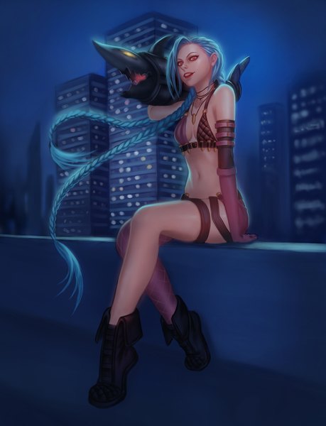 Anime picture 1000x1306 with league of legends jinx (league of legends) naranavy long hair tall image looking at viewer open mouth light erotic red eyes sitting bare shoulders yellow eyes blue hair braid (braids) teeth bare belly fang (fangs) twin braids city cityscape