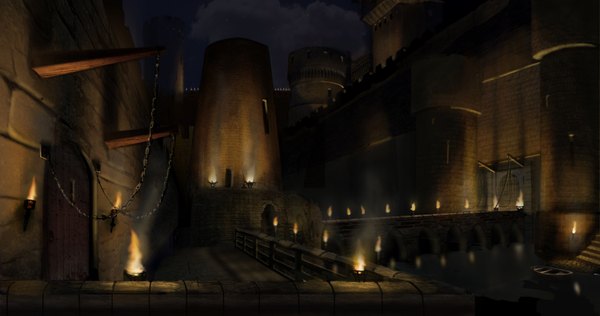 Anime picture 3000x1582 with original rquack (artist) highres wide image night water castle bridge torch