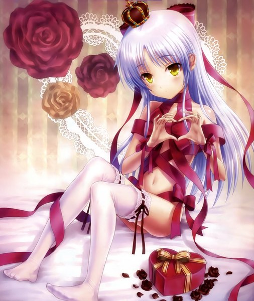 Anime picture 2121x2514 with angel beats! key (studio) tachibana kanade goto p single long hair tall image looking at viewer blush highres light erotic sitting yellow eyes white hair scan official art valentine heart hands naked ribbon girl