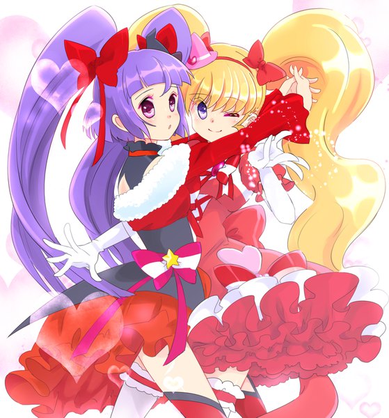 Anime picture 1500x1611 with precure mahou girls precure! toei animation asahina mirai cure miracle izayoi riko cure magical tsuka d long hair tall image looking at viewer blush blonde hair purple eyes twintails multiple girls purple hair one eye closed wink girl