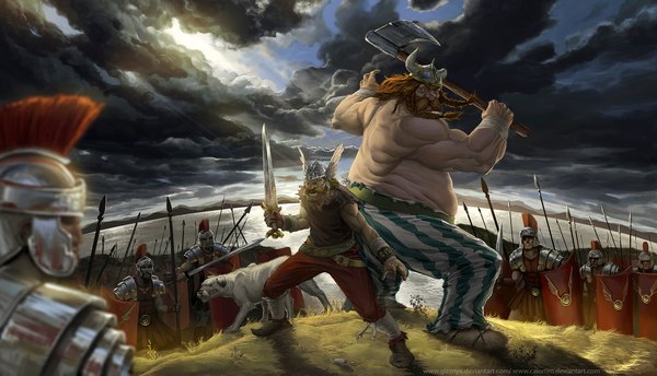 Anime picture 2321x1333 with asterix and obelix by caiomm asterix obelix caiomm (artist) highres brown hair wide image sky cloud (clouds) braid (braids) sunlight topless striped horizon head wings back to back battle warrior army fat man