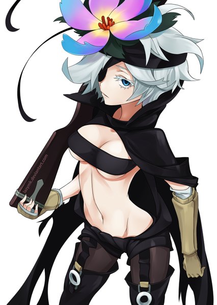 Anime picture 2490x3510 with rokka no yuusha fremy speeddraw lazymk single tall image looking at viewer highres short hair breasts blue eyes light erotic simple background standing white background holding parted lips head tilt from above grey hair thighs