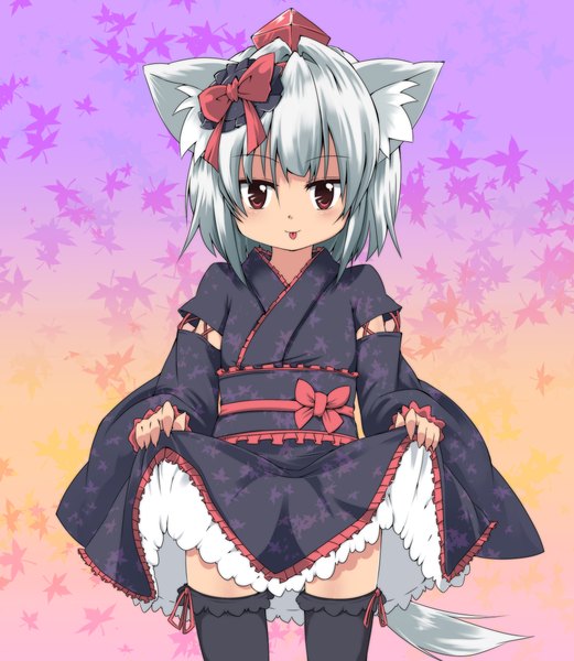 Anime picture 2000x2300 with touhou inubashiri momiji noa (nicovideo3269329) tall image highres short hair red eyes animal ears white hair tail loli :p girl thighhighs bow black thighhighs belt tongue tokin hat
