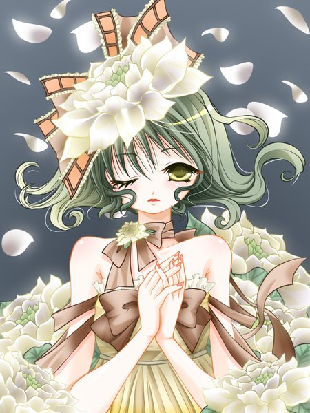 Anime picture 1200x1600 with single tall image short hair simple background bare shoulders green eyes nail polish one eye closed hair flower green hair wink girl hair ornament flower (flowers) bow petals