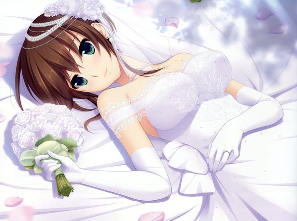 Anime picture 2275x1695 with hatsukoi 1/1 tokizaki maya koizumi amane single looking at viewer highres short hair blue eyes brown hair lying wedding girl dress gloves flower (flowers) petals elbow gloves bouquet wedding dress wedding veil