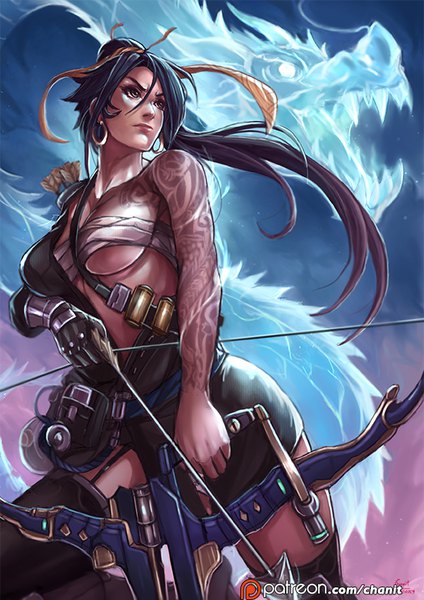 Anime picture 600x849 with overwatch blizzard entertainment hanzo (overwatch) kachima single long hair tall image fringe breasts light erotic black hair hair between eyes standing brown eyes signed looking away bent knee (knees) ponytail traditional clothes japanese clothes