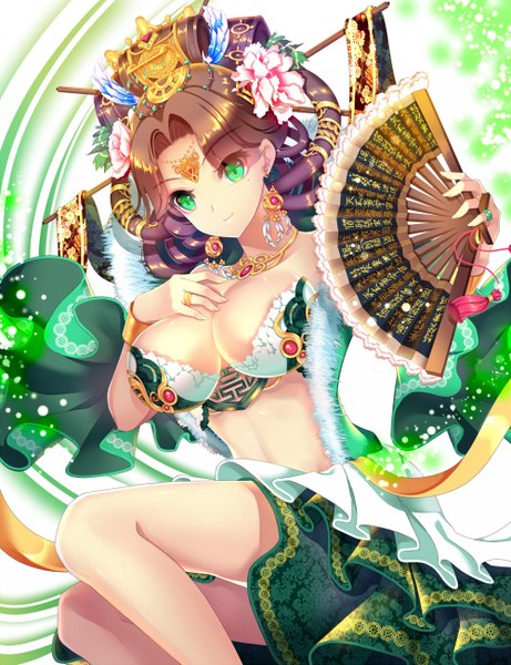 Anime picture 1000x1300 with original agrt single long hair tall image looking at viewer breasts light erotic brown hair large breasts green eyes hair flower light smile girl dress hair ornament flower (flowers) earrings jewelry fan