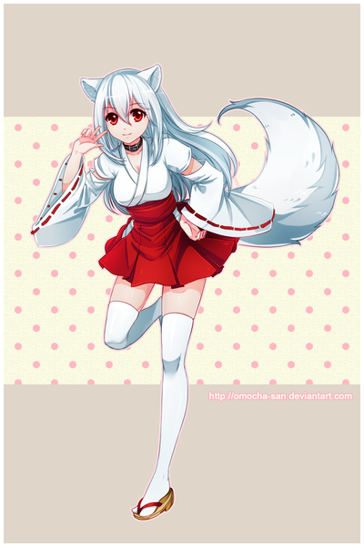 Anime picture 1000x1500 with original kisumi zenithomocha single long hair tall image looking at viewer red eyes animal ears white hair animal tail girl thighhighs detached sleeves white thighhighs