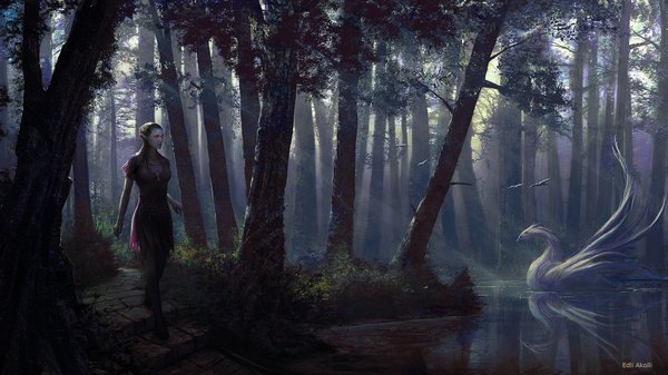 Anime picture 1920x1080 with edli (artist) long hair highres black hair red eyes wide image pointy ears lake dark elf girl animal tree (trees) bird (birds) forest stairs