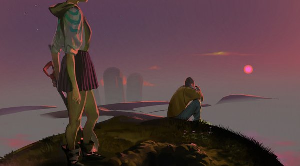 Anime picture 1800x1000 with original sketcheth (artist) highres short hair wide image standing sitting looking away sky pleated skirt couple head out of frame rock no face girl boy skirt plant (plants) grass sun