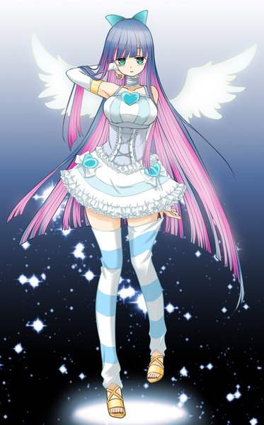Anime picture 1474x2369 with panty & stocking with garterbelt anarchy stocking single long hair tall image green eyes multicolored hair colored inner hair angel wings girl thighhighs bow hair bow wings star (stars) striped thighhighs