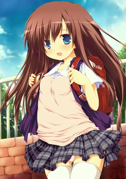 Anime picture 2893x4092 with original nanpuu long hair tall image highres open mouth blue eyes light erotic brown hair girl thighhighs skirt underwear panties miniskirt white thighhighs serafuku school bag