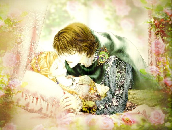 Anime picture 1200x911 with sleeping beauty aurora (sleeping beauty) long hair short hair blonde hair brown hair lying eyes closed sleeping kiss almost kiss girl boy earrings pillow bed jewelry feather (feathers) necklace crown