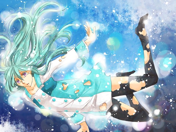 Anime picture 1024x768 with eureka seven studio bones eureka single long hair open mouth purple eyes sky aqua hair tears torn clothes snowing spread arms winter torn pantyhose falling girl dress pantyhose short dress