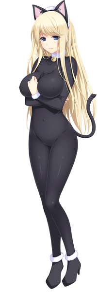 Anime picture 1035x3068 with lovely x cation 2 hibiki works yoshinoya seine iizuki tasuku single long hair tall image looking at viewer blush fringe breasts blue eyes light erotic blonde hair simple background large breasts standing white background animal ears bent knee (knees)