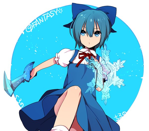 Anime picture 1116x982 with touhou cirno kurono yuu single short hair blue eyes blue hair looking away inscription snowing girl dress bow hair bow sword socks white socks snowflake (snowflakes) ice