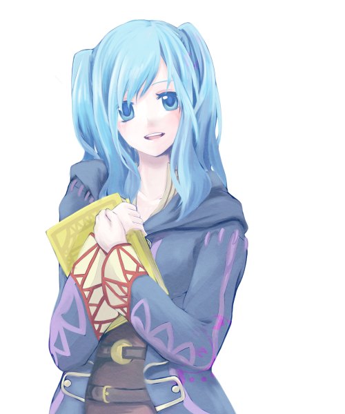 Anime picture 1000x1200 with fire emblem fire emblem awakening nintendo robin (fire emblem) robin (fire emblem) (female) harutogura single long hair tall image looking at viewer blush open mouth blue eyes simple background smile white background twintails blue hair girl book (books)
